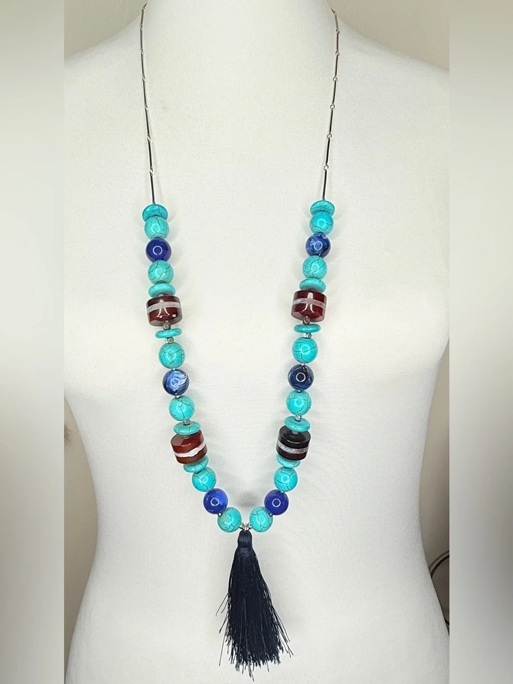 Boho Beaded Turquoise Statement Tassel Necklace